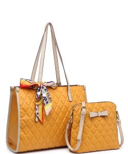 2In1 Quilted Tote Bag with Ribbon Scarf Set 716545 YELLOW